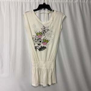 Anthropologie Sparrow Womens Top Small S White Graphic Bird Tunic Drop Waist